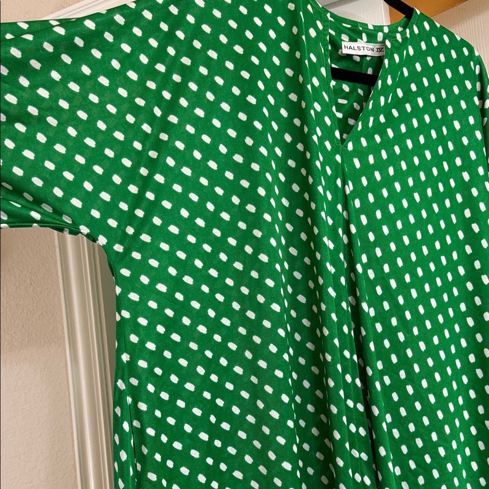 Vintage 1960 Halston Heritage Green and White Polka Dot House Dress - Picture 4 of 8